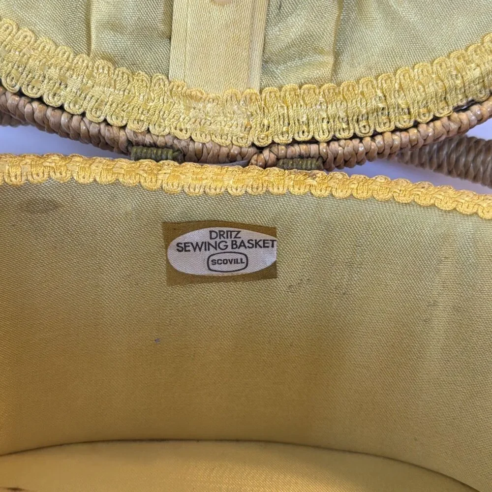Dritz Sewing Basket Oval Woven Wicker Scovill Yellow Interior w Handle Vintage